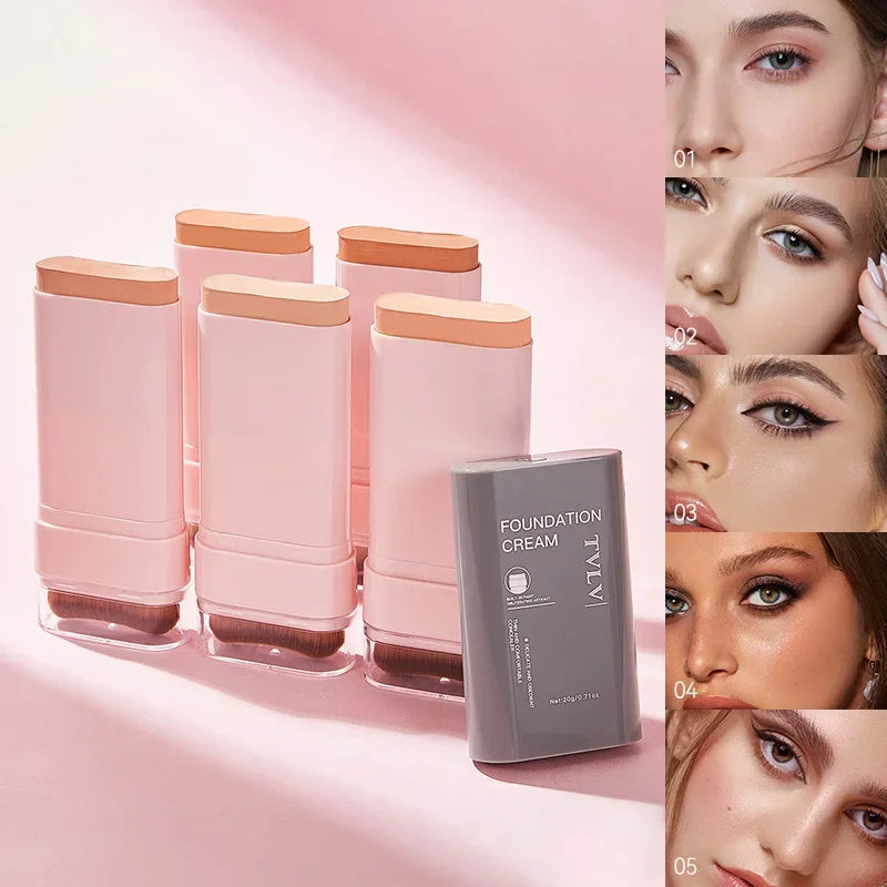 Concealing Foundation Stick 5 Shades With Built-In Brush,  Brighten Lightweight and Waterproof Formula Face Contour Stick Makeup