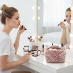 Durable Fuzzy Makeup Bag Large Capacity Leopard Print Toiletry Organizer Portable Cosmetic Bag Girls Travel Storage Pouch