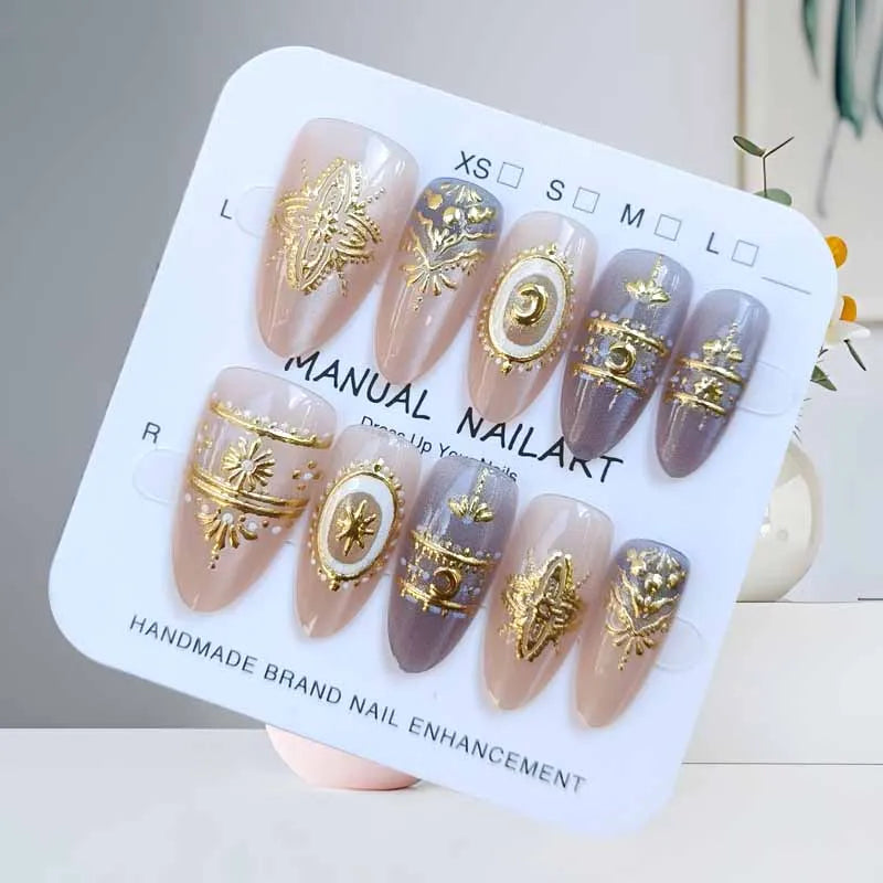 10Pcs French Style Almond Shape Blue Denim Gilded Baroque Press on Nails Manicure Starry Moon Gilding With Cat Eye Fake Nails