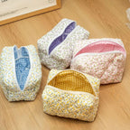 Women's Bag Floral Quilted Cosmetic Bag Large-capacity Cotton Fabric Storage Toiletries Bag For Cute Ladies Checkered Embroidery