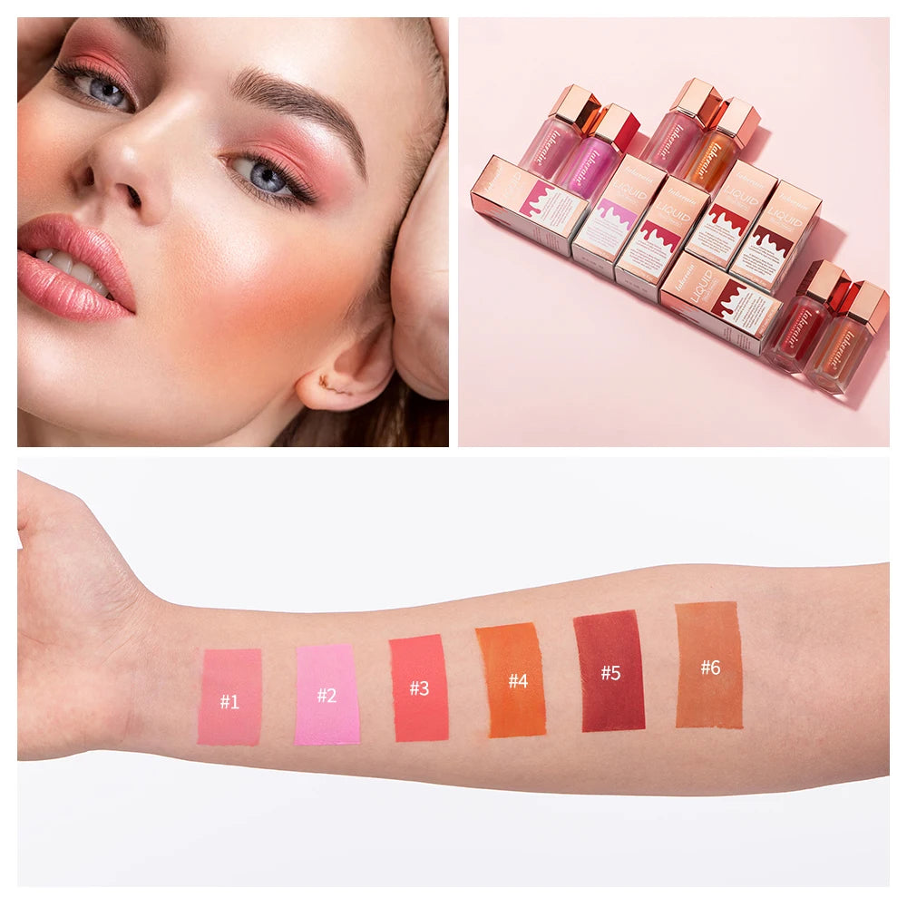 6 Colour Matte Liquid Blush Easy to apply long lasting waterproof blush sponge brush head Eyes lips Makeup Blush Cosmetics