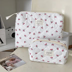 Wholesale Cherry Tote Women Makeup Bag Portable Cute Ladies Cosmetic Toiletry Storage Pouch Handbag Cotton Quilted Zipper Bag
