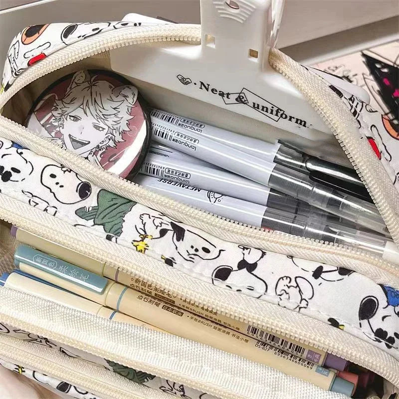Snoopy Pencilcase Multi Layer Canvas Drawstring Pen Bag Kawaii Cartoon Stationery Storage Bag Students School Supplies Gifts