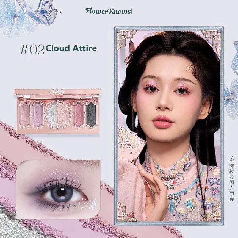 Flower Knows Makeup Butterfly Cloud Collar Collection Embossed 6 Color Eyeshadow Palette Long Lasting Waterproof Gliter For Eyes