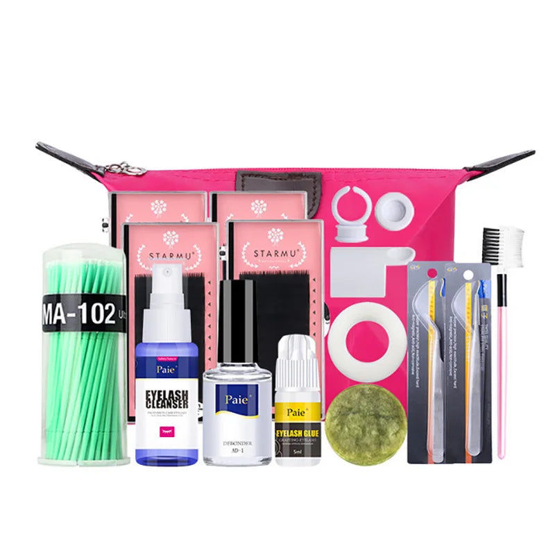 False Eyelash Extension Kit Set for Beginner Lash Brush Tweezers Glue Ring Eye Pad Eyelash Extension Supplies Lash Accessories