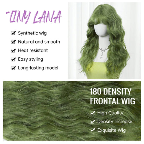 Long Curly Green Wave Synthetic Wigs with Bangs for Women Christmas Grass Green Cosplay Wigs Daily Natural Hair Heat Resistant