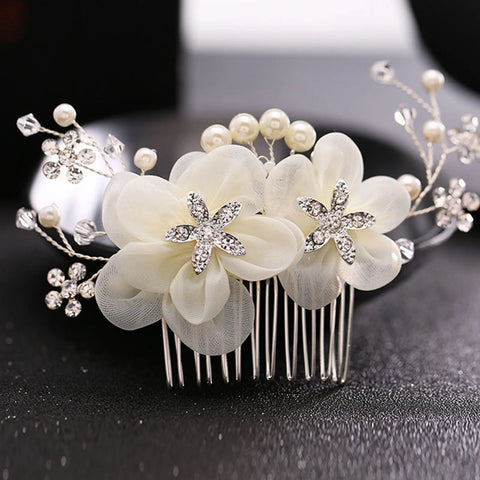 White Silk Flower Hair Clips Elegant Pearls Headpieces Rhinestone Leaf Hairpins Bride Wedding Hair Jewelry Bridal Headdress
