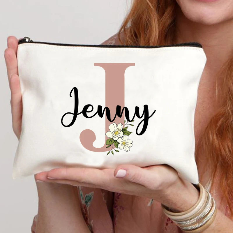 Floral Letters Custom Name Makeup Bag Best Gift for Bridesmaid Teachers Friends Women Purse Personalise Gift for Birthday