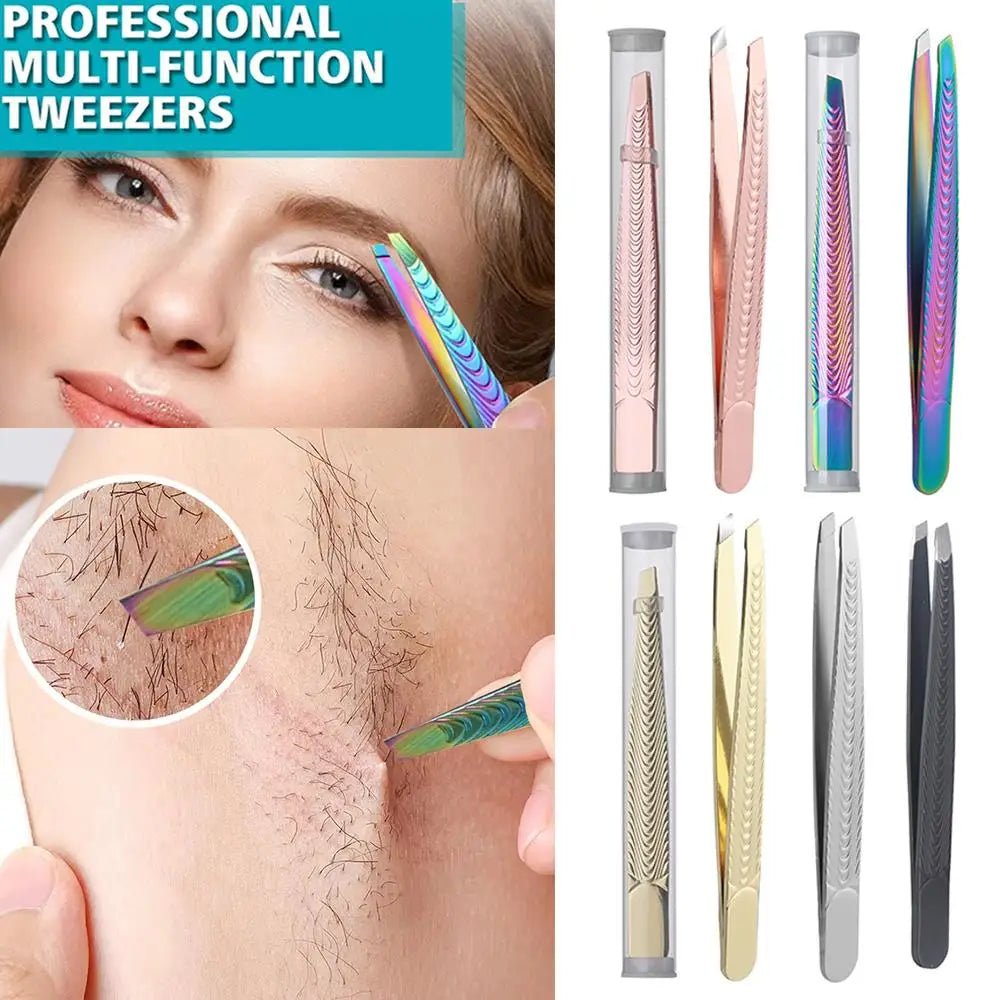 Lash Applicator Eyebrow Tweezer  Multifunctal Eyelash Clip Beard Hair Remove Stainless Steel Makeup Tools Slanted Flat Tip