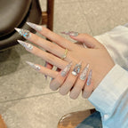 Handmade Press on Nails Shiny Pink Cat Eye Fake Nails for Women Girl Wearable Glitter Full Crystal Design False Nail Tips