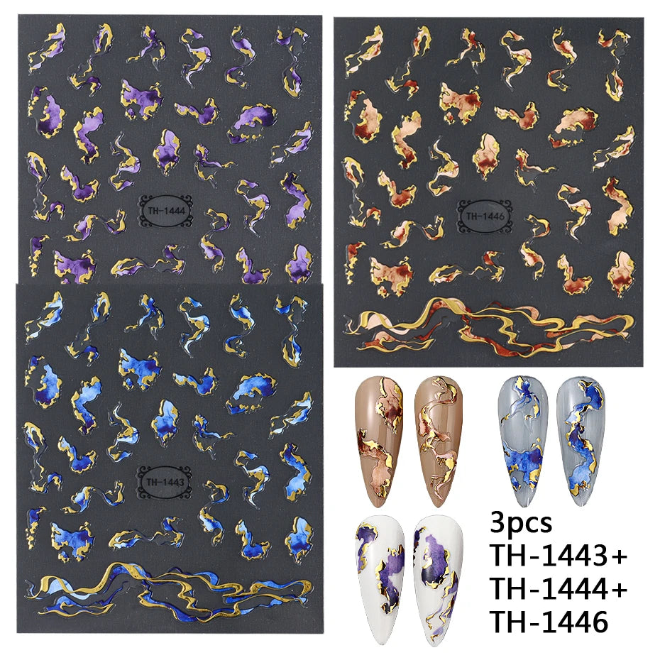 Nails Stickers Purple Blue Brown Ink Design Decals Gold Decorations Art Self-Adhesive Holographic Gel Slider Manicure Supplies
