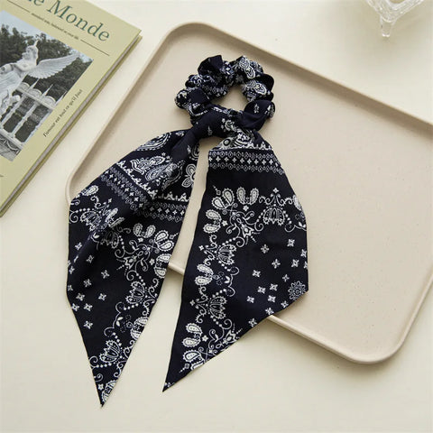 2023 Fashion Print Chiffon Long Ribbon Scrunchies Women Girls Ponytail Scarf Elastic Hair Bands Ties Hair Accessories Wholesale