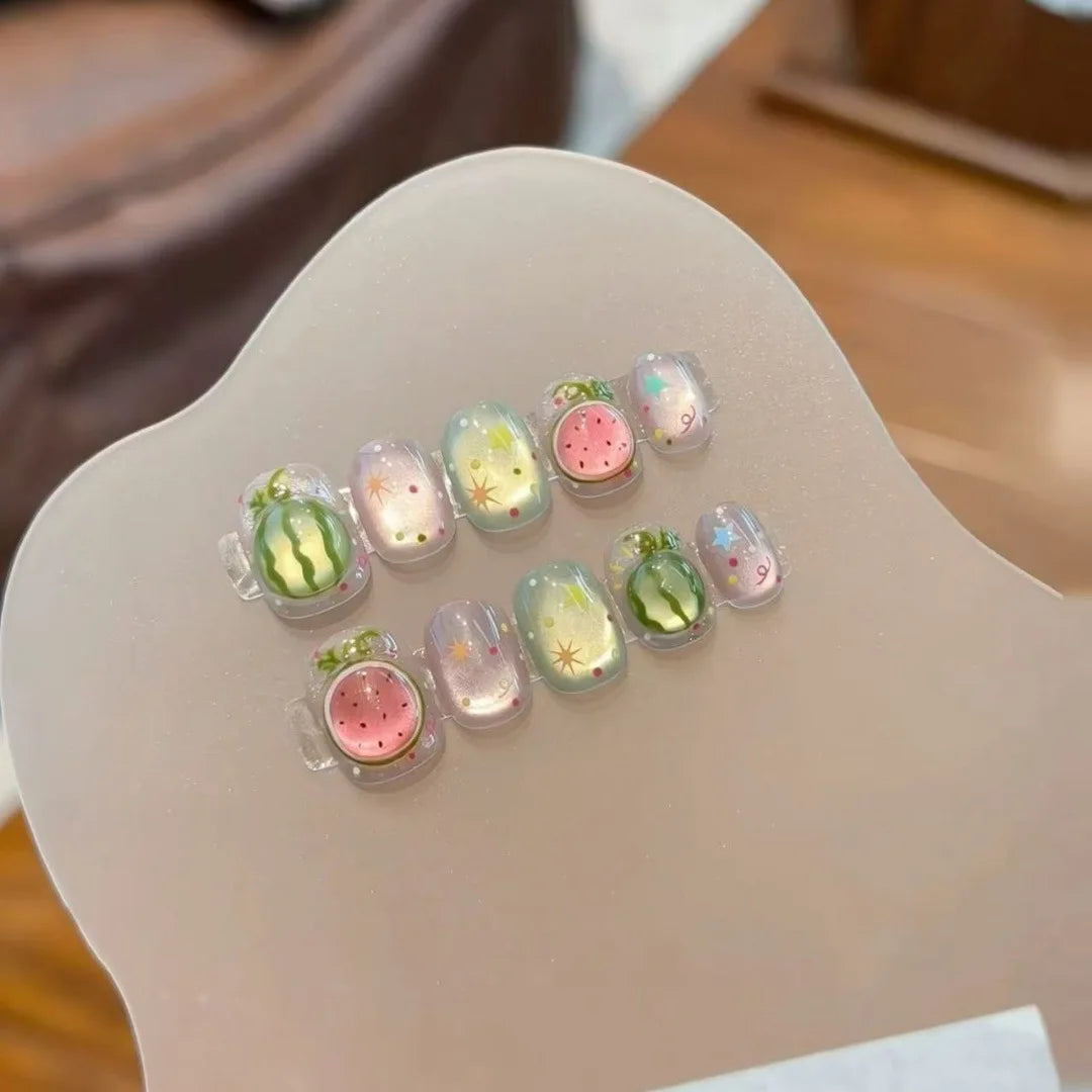 10pcs Handmade Press on Nails Short Square Watermelon Star-Moon  Full Coverage Nail Tips for Women&Girl Removable Wearable nail