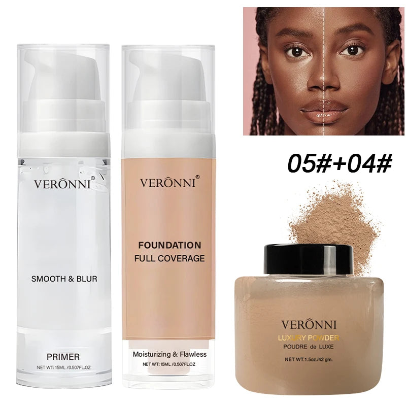 3-Piece Beginner Face Makeup Kit-Matte Waterproof Foundation,Hydrating Primer,Oil-Control Loose Powder,Full Coverage Concealer