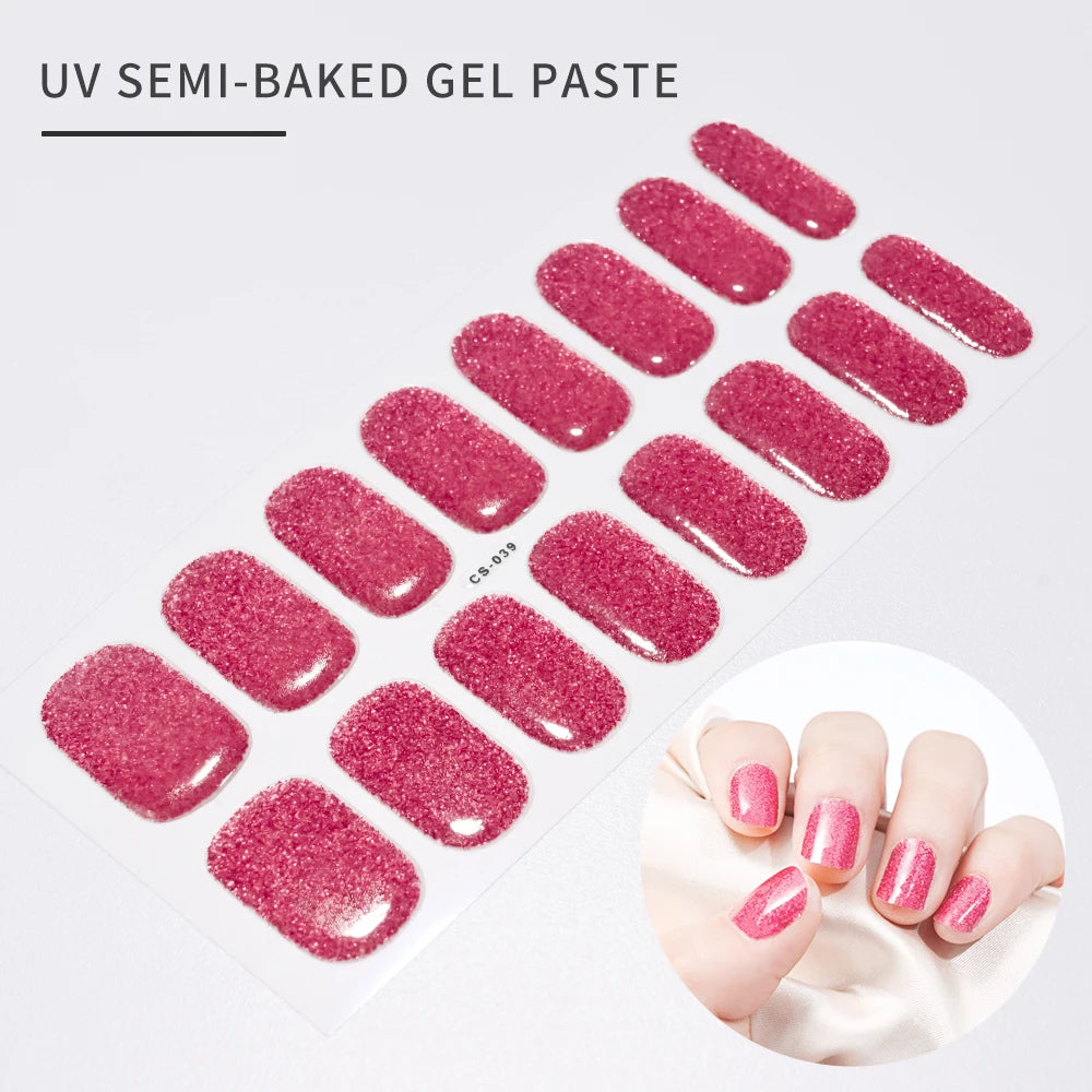 16Tips French Black Semi-Cured Nail Stickers With Glitter Long-Lasting UV Gel Nail Polish Wraps Full Cover Nail Art Decals Patch