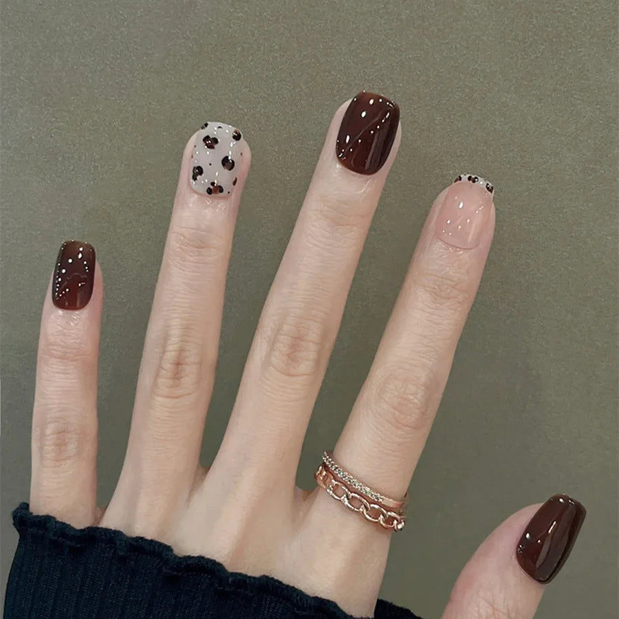 Medium long fake nails for women girls Y2K colorful gradient leopard print Pink green coffee coffin tips press on false nail set