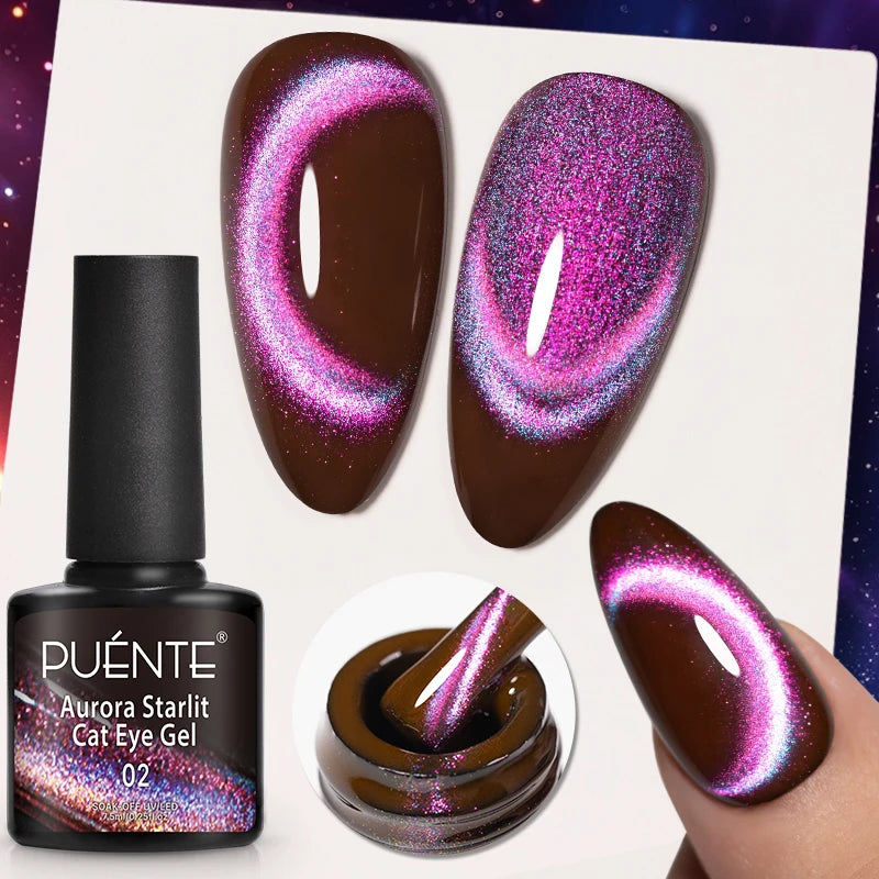PUENTE 7.5ML Sparkling Pinkish Purple Laser Cat Magnetic Gel Nail Polish Holographic Rainbow Effect Soak Off UV Nail Art Varnish