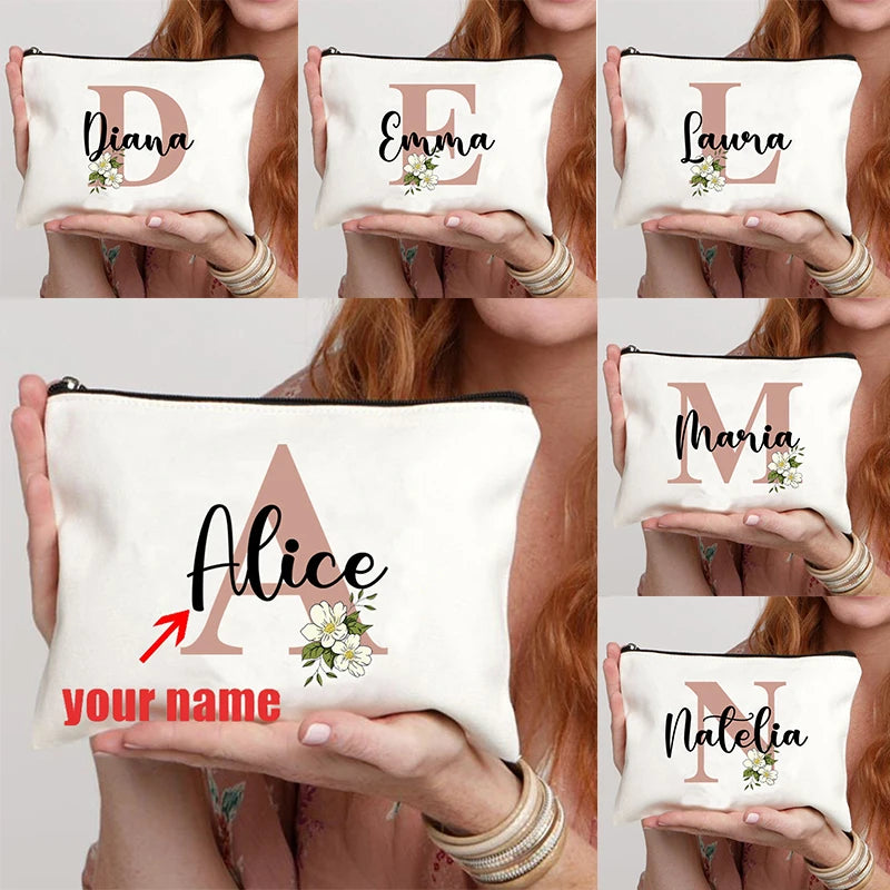 Floral Letters Custom Name Makeup Bag Best Gift for Bridesmaid Teachers Friends Women Purse Personalise Gift for Birthday