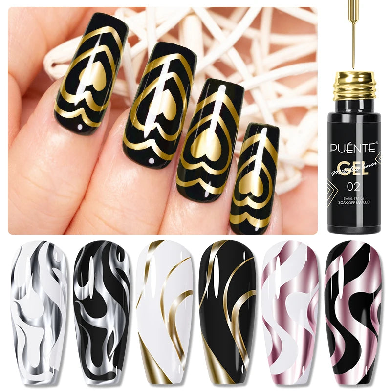 PUENTE 5ml Metallic Painting Liner Gel Polish Bright Mirror Effect Semi-Permanent UV Nail Varnish For Stunning French Nail Art