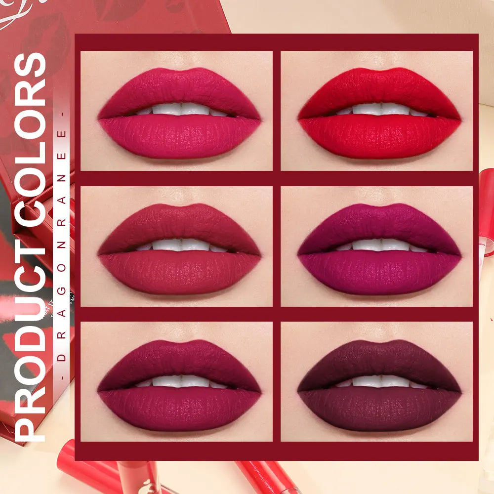 6-Piece Lip Gloss Set Velvet Matte Lip Gloss Waterproof and Sweat-Proof Lipstick Non-Stick Cup Matte Lipstick Holiday Gift Set