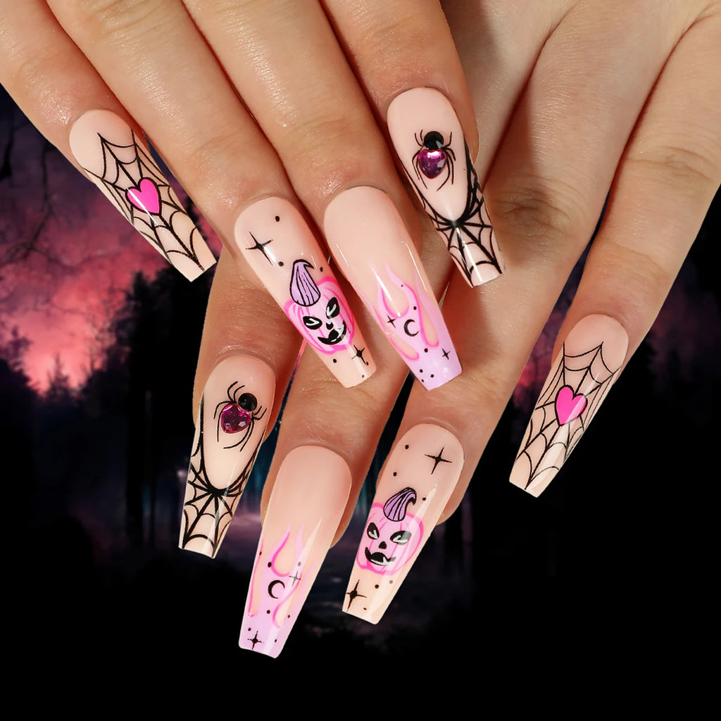 24pcs Sliver Spider Design Fake Nail Halloween Gothic Punk False Nail Tips Wearable European Heavy Metal Almond Press on Nails