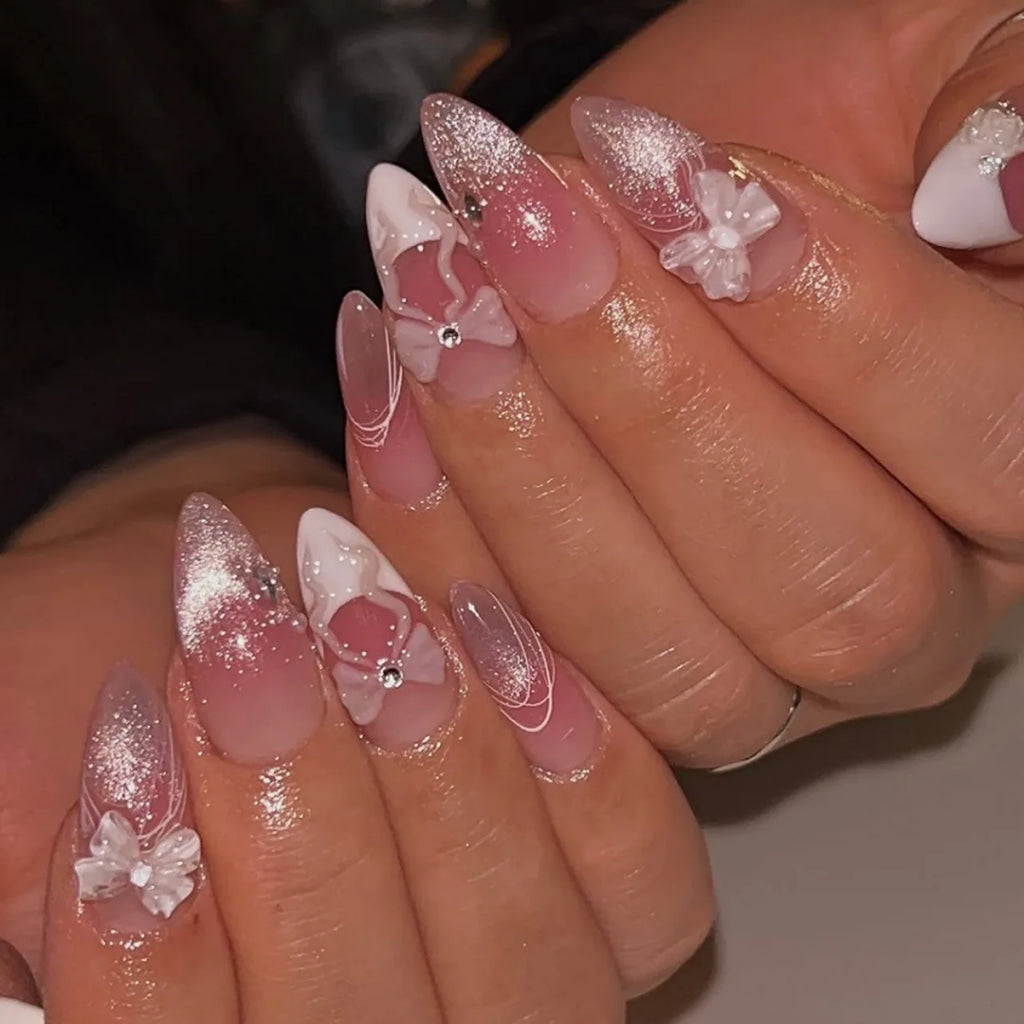 24pcs Sweet False Nail Patches Detachable Fake Nail Tips With Bowknots Love Heart Pearl Design Pink Almond Korean Press On Nail