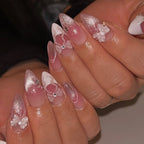 24pcs Sweet False Nail Patches Detachable Fake Nail Tips With Bowknots Love Heart Pearl Design Pink Almond Korean Press On Nail