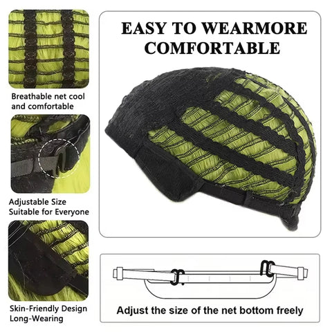 Spooky Chic Green Wig with Bangs Heat Resistant Synthetic Hair for Halloween Christmas Cosplay Rose Net Cap