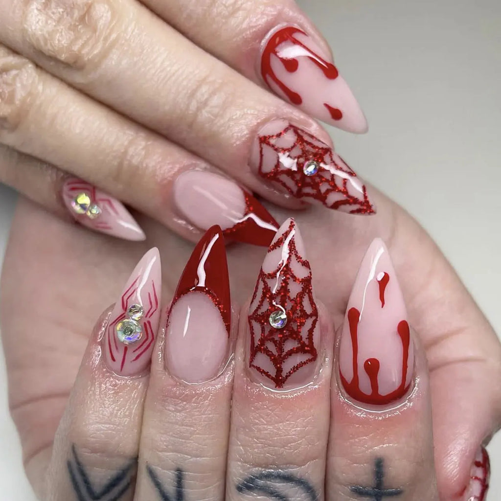 24pcs Sliver Spider Design Fake Nail Halloween Gothic Punk False Nail Tips Wearable European Heavy Metal Almond Press on Nails
