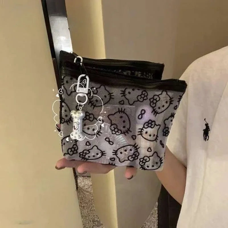 Kawaii Sanrio Hello Kitty Coin Purse Anime Cartoon Fashion KT Mesh Style Portable Makeup Bag Earphone Storage Bag Holiday Gifts