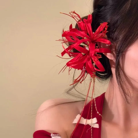 Red Shore Flower Hair Clip New Tassel Design Ancient Style Elegant Duckbill Clip Women's Side Bangs Clip Hair Accessory
