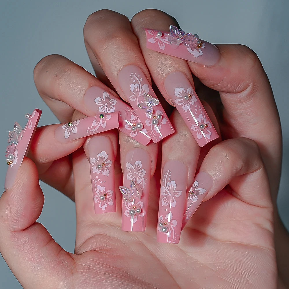 3D Flower Design French Fake Nails Love Bow Decor Mid-length Coffin Ballet Press on Nail Korean Sweet Bride Lady Fake Nails