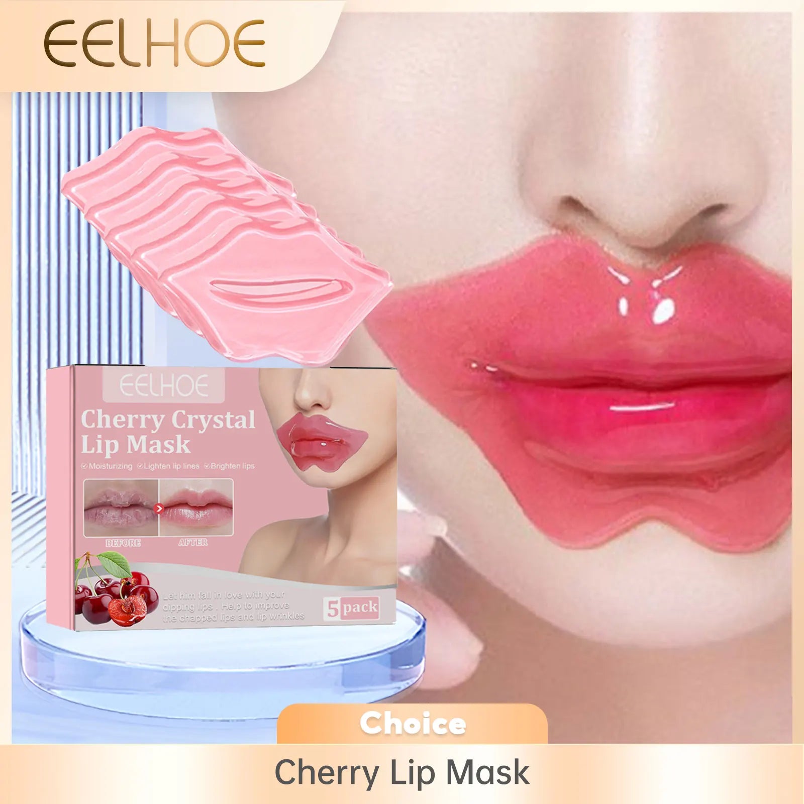 EELHOE Cherry Nourishing Lip Mask Fade Lip Lines Improve Dry Repair Cracks Smoothing Lip Patches Moisturizing Skincare Mask 5pcs