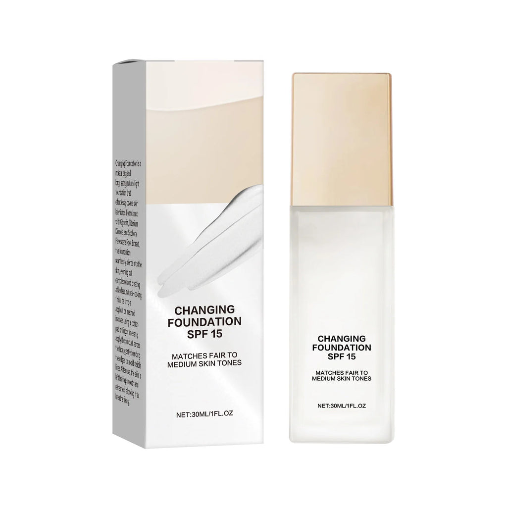 Changing Foundation SPF 15 - 50ml Lightweight Liquid Makeup for Fair to Medium Skin, Hydrating Natural Coverage with Hyaluronic