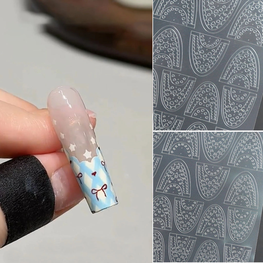 5 Sheets French Cheese Nail Stickers Decoration Self-Adhesive Hollow Lace Nail Art Decals Butterfly Star Shape DIY Nail Art Tool