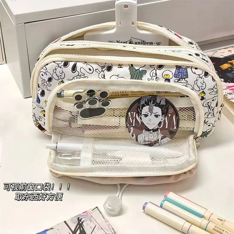 Snoopy Pencilcase Multi Layer Canvas Drawstring Pen Bag Kawaii Cartoon Stationery Storage Bag Students School Supplies Gifts