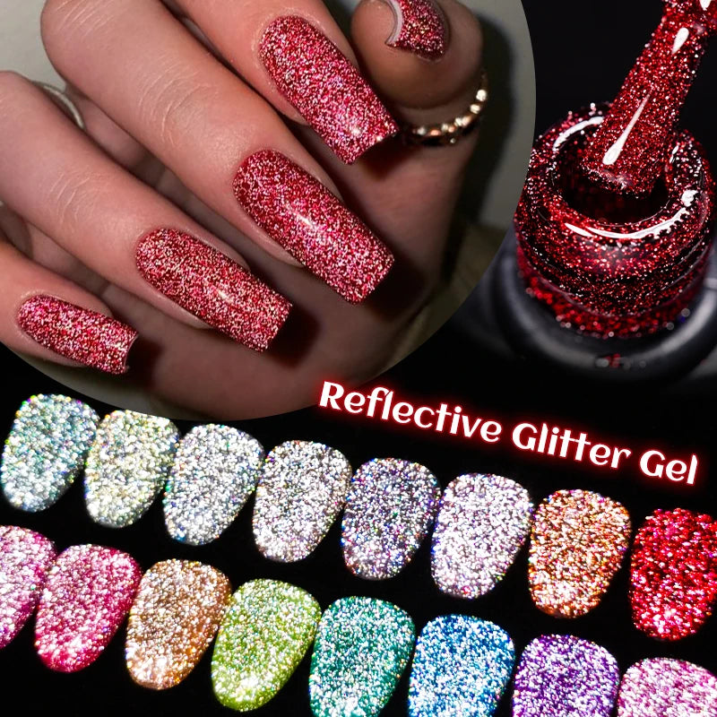 7ml Champagne Gold Sliver Reflective Nail Gel Polish Sparkling Shining Glitter Pink Red Nail Supplies Semi Permanent Gel Varnish