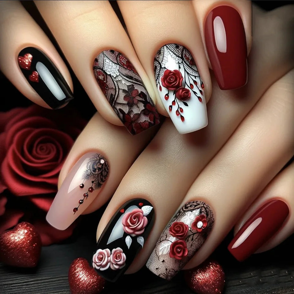 24pcs/set Medium long square fake nails for women girls cute heart flowers feather butterfly design press on false nail art tips