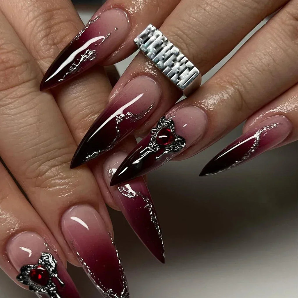 Exaggerate Punk Extra Long Pointed Fake Nails Art Dark Y2K Black Spider Centipede Rhinestone False Nail Press on Nails Manicure