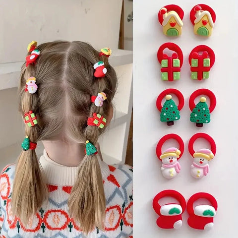 10Pcs Kids Girls Christmas Hair Ties Cute Santa Claus & Reindeer Design Festive Hair Accessories Holiday Parties Decorations