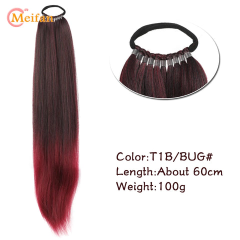 MEIFAN 24 Inch Synthetic Ponytail Extensions Black Natural Braided Pony Tail Hairpiece Long Straight Rubber Band Hair For Women
