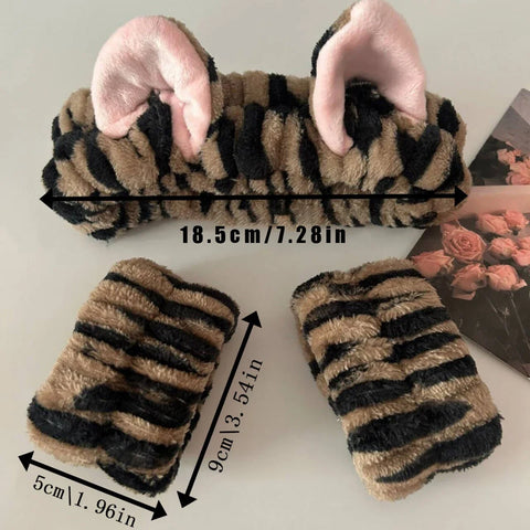 3pcs/set Cute Cat Ear Leopard Print Plush Headband For Women Girls Spa Washing Face and Makeup Headband Elastic Wrist Strap