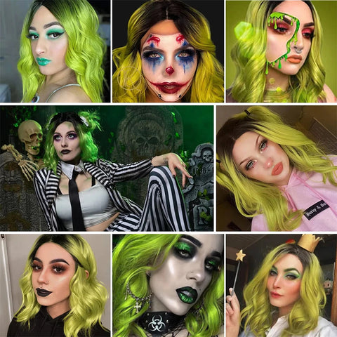 Spooky Chic Green Wig with Bangs Heat Resistant Synthetic Hair for Halloween Christmas Cosplay Rose Net Cap