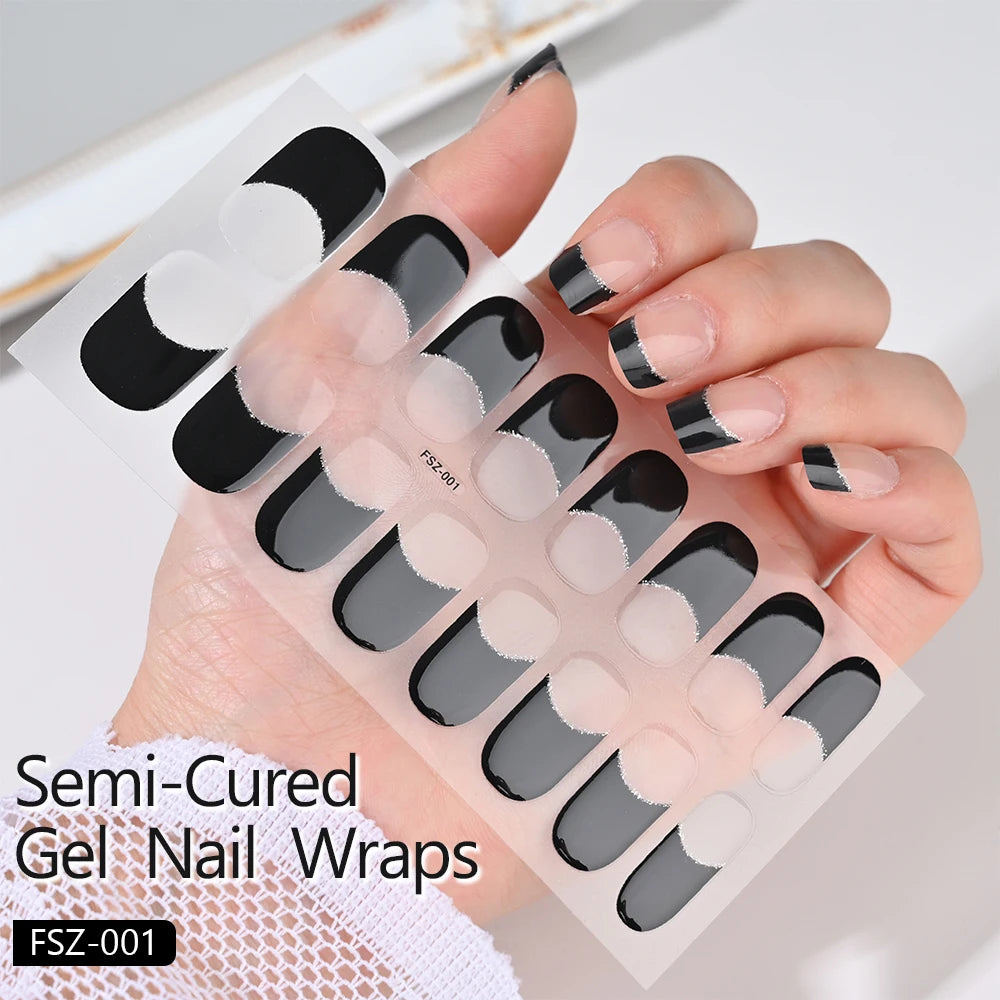 16Tips French Black Semi-Cured Nail Stickers With Glitter Long-Lasting UV Gel Nail Polish Wraps Full Cover Nail Art Decals Patch