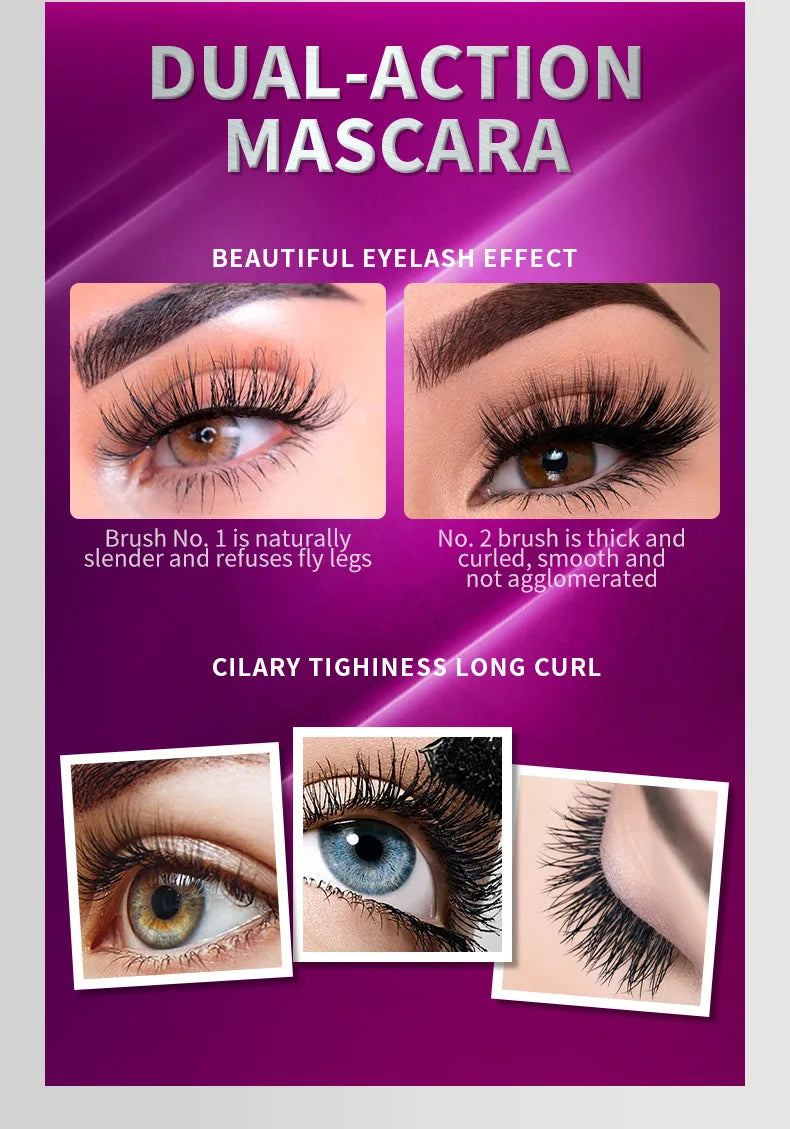 QIC Double Effect 4D Mascara Waterproof Long Curl Natural Thick Eyelash 2-in-1 Black Mascara with 2 Brush Heads