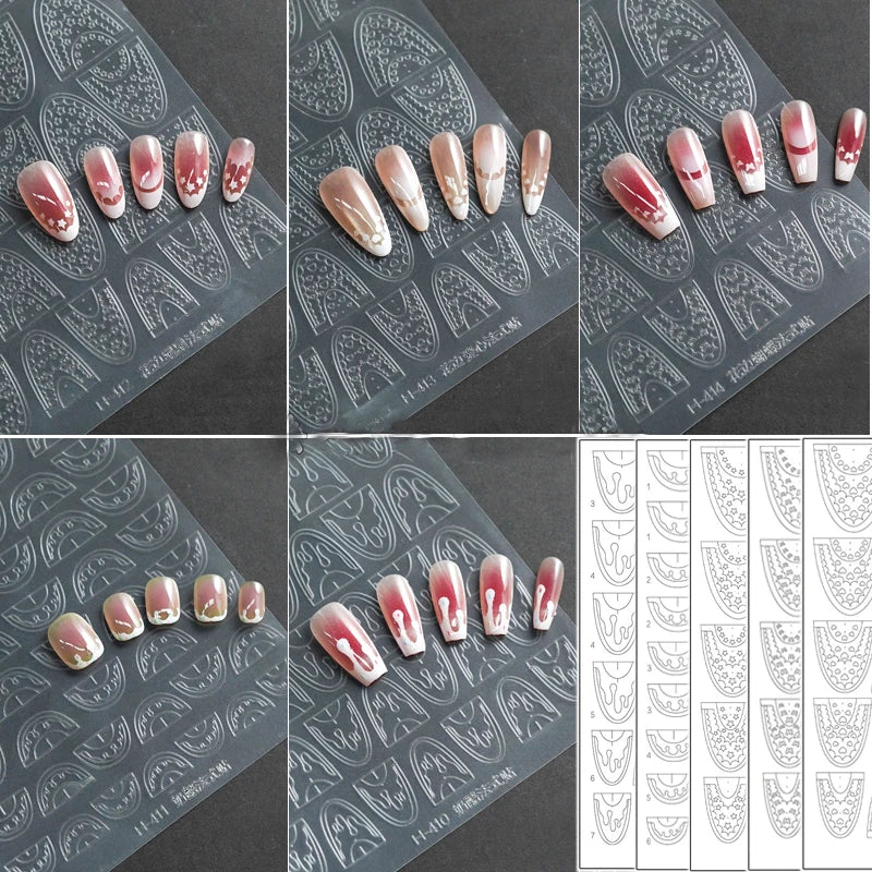 5 Sheets French Cheese Nail Stickers Decoration Self-Adhesive Hollow Lace Nail Art Decals Butterfly Star Shape DIY Nail Art Tool