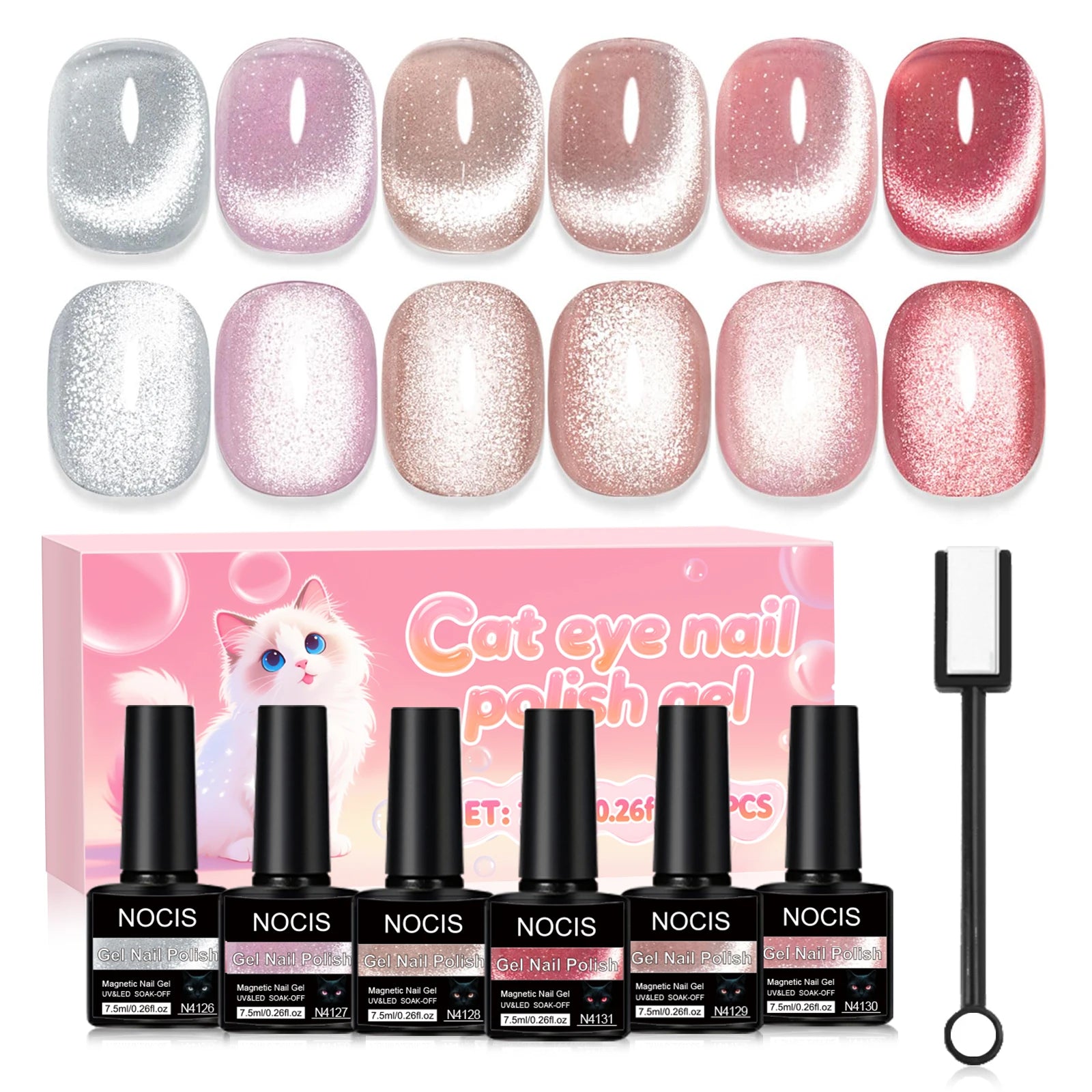 NOCIS Bottle Fruit Cat Eye 6-color Set -- Ultra Bright Cat Eye Nail Kit, 6 Colors of Magnetic Gel Polish Stylish Salon