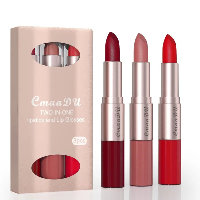 3 Color/Set Lipstick Sexy Lip Gloss 2 in 1 Lip Tint Waterproof Long-Lasting Moisture Red Lips Matte Lip Stick Makeup for Women