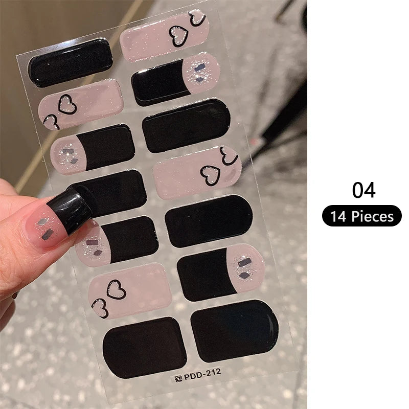 Pink Glitter Design Baking-free Nail Stickers French Style Solid Color Adhesive Full Cover Nail Strip Slider DIY Manicure Decals
