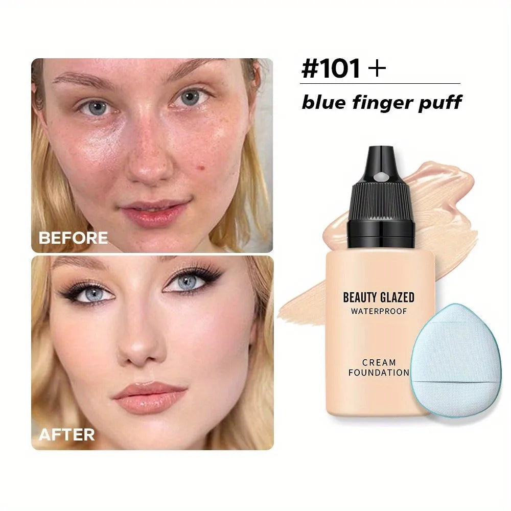 2024 New Foundation +Puff set Liquid Matte Full Coverage Foundation Waterproof Matte Natural Foundation With Blue Thumb Puff
